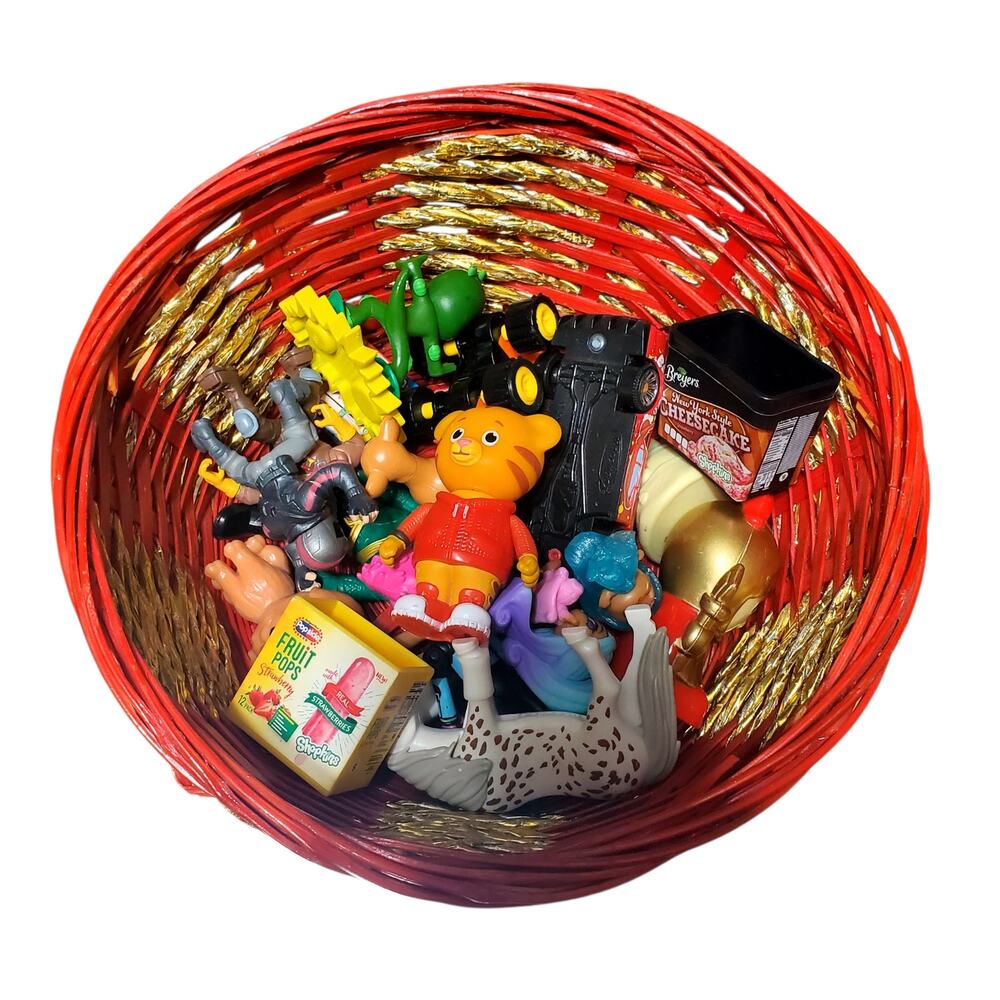 Junk Drawer Lot of 20 Mini Figure Toys Red Wicker Basket